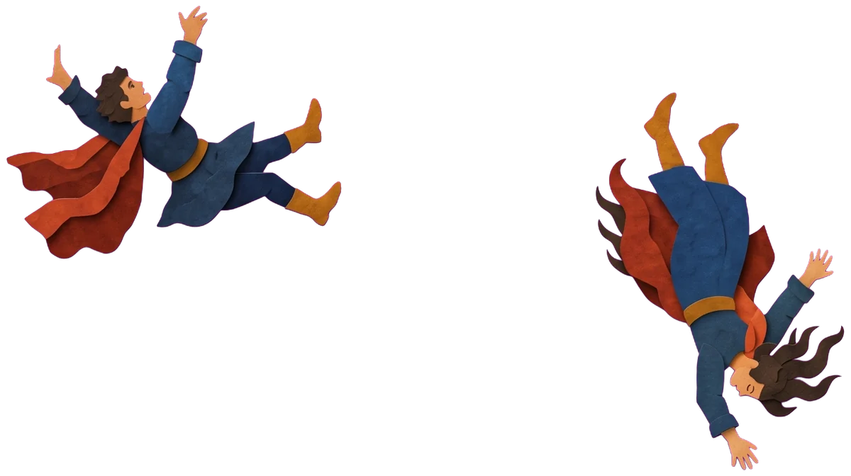 Two people thrown from the burning tower, a man in a blue tunic and red cape on the left and a figure falling head first on the right