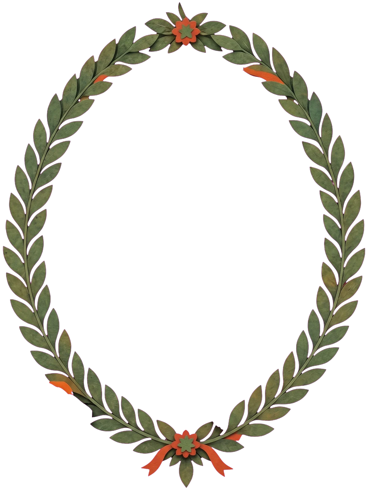 The bottom of the oval green garland of leaves, with a red flower at its centre and small red berries