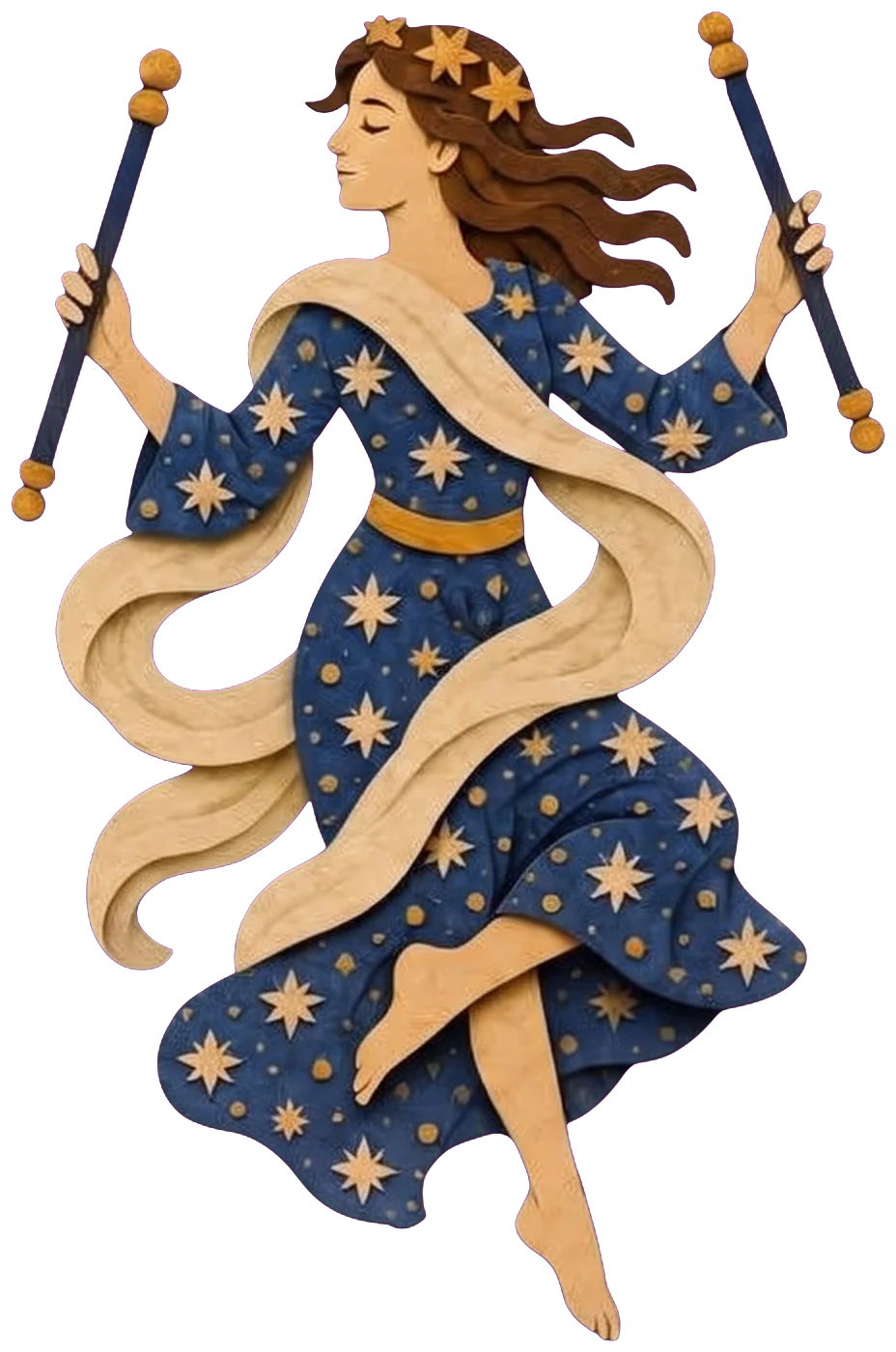 A woman with stars in her flowing hair dances with eyes closed, holding a slim dark wand in each hand