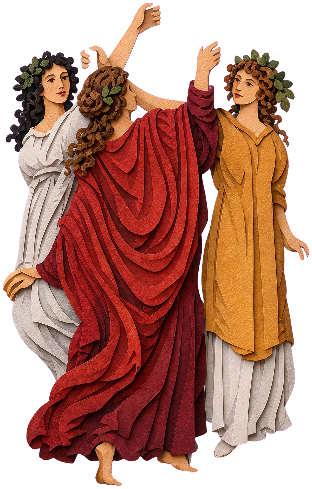 Three young women close together: one with black curly hair in a white dress, one in the middle seen from behind in a swirling red robe, one in a mustard dress with a vine-leaf crown