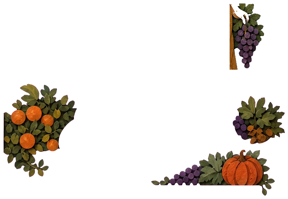 A round orange pumpkin, bunches of purple grapes and vine leaves on the ground at the bottom right