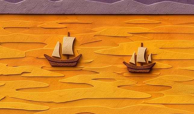 Two small sailing ships on a golden orange sea