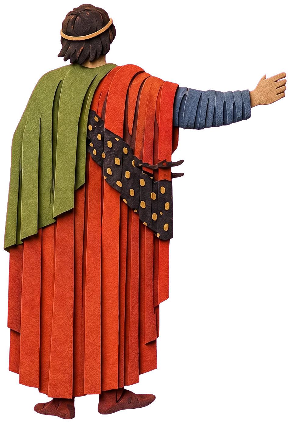 A man seen from behind with a gold band in his dark hair, a green cloak over one shoulder and a long red robe