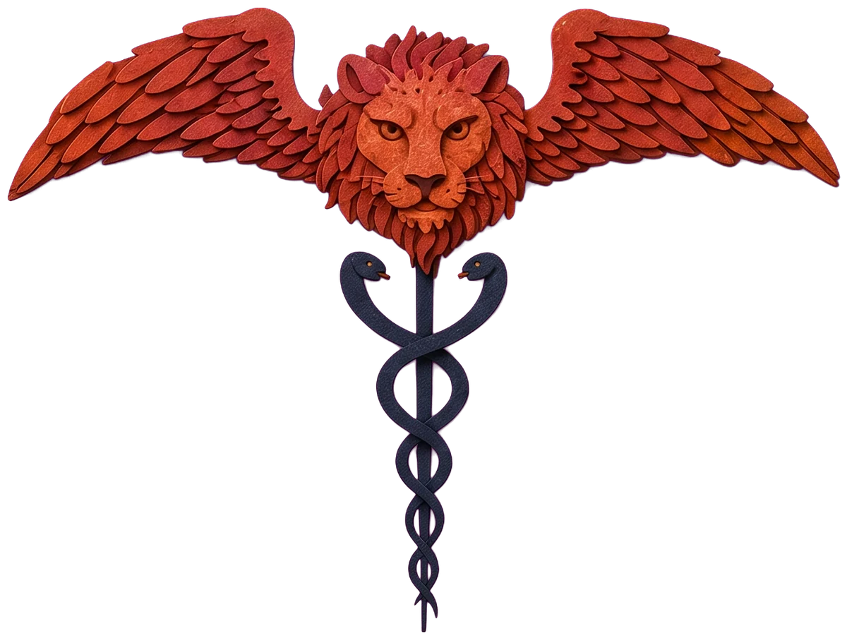 A red lion's head with two great spread red wings at the top of the card, above the top of a dark staff with two snakes