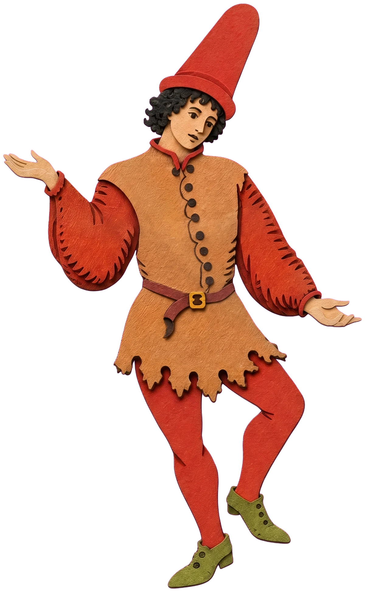 A young man with curly dark hair and a tall red hat, in an orange tunic, glancing sideways as he balances
