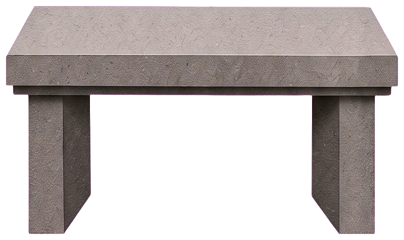 The woman in a long pale robe seated on a grey stone bench, her feet together on the ground