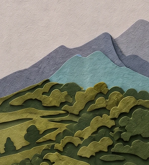 Blue and grey mountains over a strip of sea and dense green woodland, with a wand standing in front