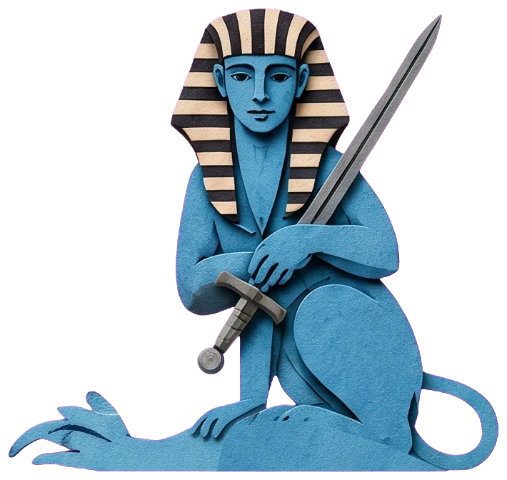 A blue sphinx in a striped headdress sitting on top of the wheel and holding a sword.