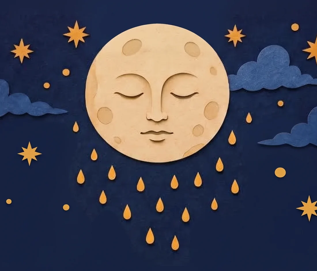 The moon with a calm face, drops falling from it, among paper clouds and stars