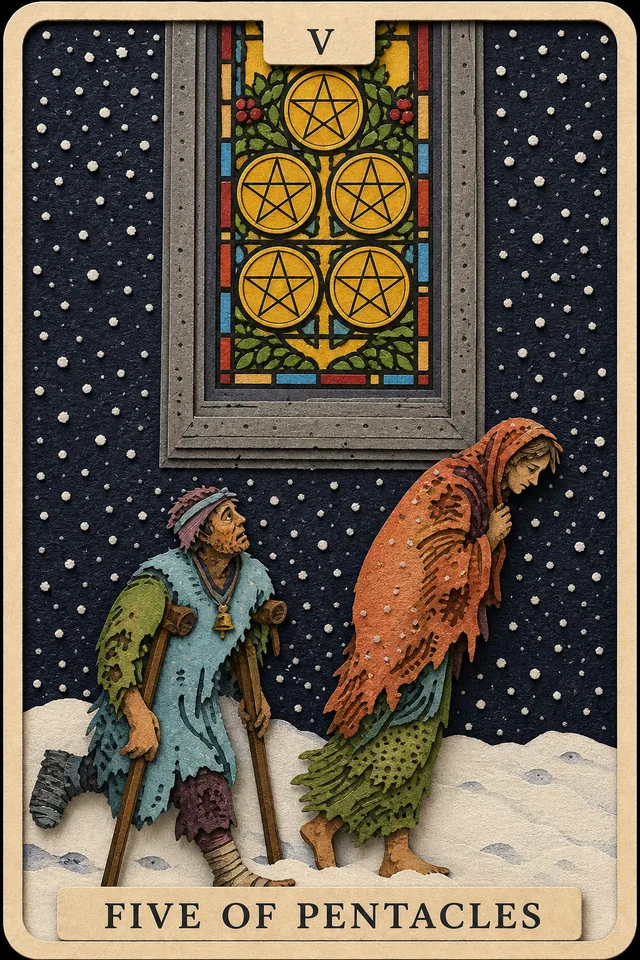 Five of Pentacles card, upright