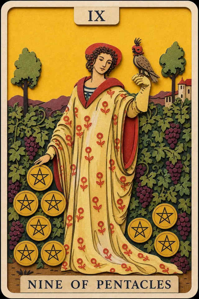 Nine of Pentacles card, upright