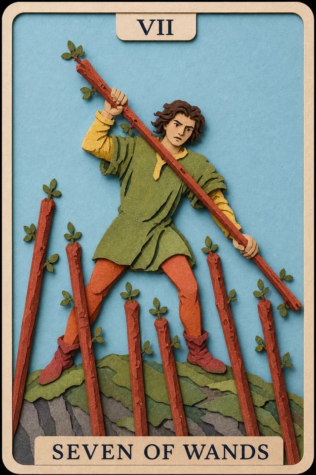 Seven of Wands card, upright