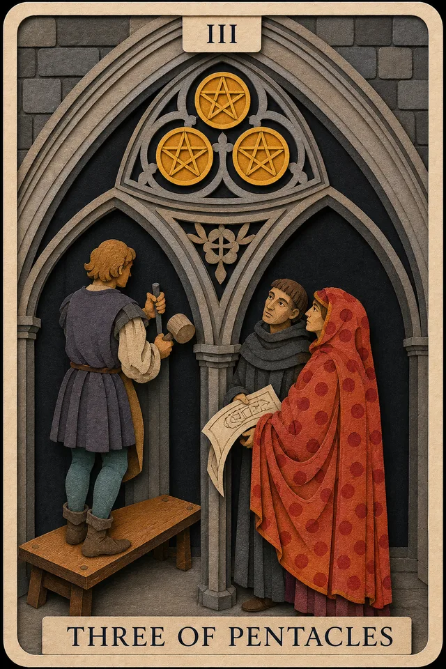 Three of Pentacles card, upright